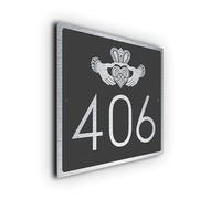 Custom Celtic Claddagh Ring House Number Sign, Personalized Irish Heritage Address Plaque | Weatherproof Metal Home Sign (Grey/Silver, 102mm X 102mm)
