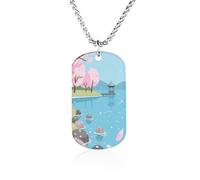 Custom Cherry Blossom Lakeside Dog Tag Necklace 23.6" Chain Personalized Photo Pendant for Men Women Stainless Steel Memorial Picture Couple Necklace Jewelry Keepsake Bereavement Sympathy Gifts