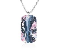 Custom Cherry Blossom Snowy Valley Dog Tag Necklace 23.6" Chain Personalized Photo Pendant for Men Women Stainless Steel Memorial Picture Couple Necklace Jewelry Keepsake Bereavement Sympathy Gifts