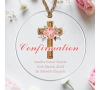 Custom Christening Baptism Communion Confirmation Hanging Plaque Personalised Religious Keepsake Gift with Floral Cross Name Date and Church Details (Acrylic - Clear, Confirmation)