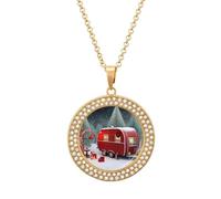 Custom Christmas Red Car Picture Necklace Personalized Circle Chain Pendant Gold/Silver Photo Dog Tag Keepsake Necklaces Hip Hop Memorial Jewelry Gifts for Men Women, One Size, Titanium Steel