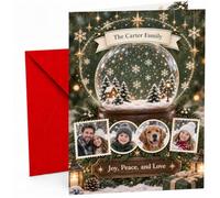 Custom Christmas Snow Globe Card - Your Photos with Golden Stars | Large A5 Size; Capture 4 Christmas memories in one card; chosen names and optional inside greeting