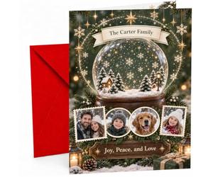 Custom Christmas Snow Globe Card - Your Photos with Golden Stars | Large A5 Size; Capture 4 Christmas memories in one card; chosen names and optional inside greeting