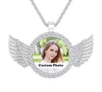 Custom Circle Chain with Wings, Personalized Photo Custom Chain for Men Women with Pendant Rhinestone, Hip Hop Memory Jewelry for Friends Lovers Birthday Gifts