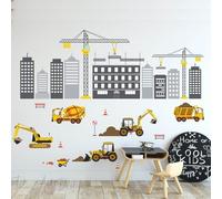 Custom City Skyline & Construction Truck Wall Decal - Boys' Room Removable Vinyl Stickers with Excavator, Cement Mixer - Nursery Bedroom Playroom Art Decor.