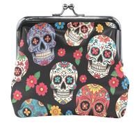 Custom Colorful Skulls Red Floral Black Leather Coin Purses & Pouches Cute Kiss Lock Small Pouch Coin Wallet