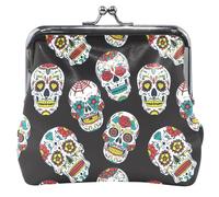 Custom Colorful Sugar Skull Black Trendy Cute Coin Purse for Women Leather Buckle Kiss Lock Change Purse Wallet, Colorful Sugar Skull Black Trendy, Classic