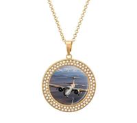 Custom Cool Plane Picture Necklace Personalized Circle Chain Pendant Gold/Silver Photo Dog Tag Keepsake Necklaces Hip Hop Memorial Jewelry Gifts for Men Women, One size, Titanium Steel, Rhinestone