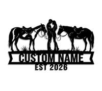 Custom Cowboy Couple Metal Wall Art, Personalized Name Western Ranch Decor with Horse Design, Romantic Country Style Sign, Custom EST Date (Style-6)