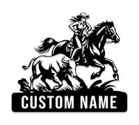 Custom Cowboy & Cowgirl Metal Name Sign,Cabin Metal Sign,Personalized Couple on Horses Wall Art, Ranch Decor, Western Cowboy House Number Address Plaque (Style-D)