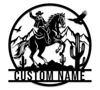 Custom Cowboy & Cowgirl Metal Name Sign,Cabin Metal Sign,Personalized Couple on Horses Wall Art, Ranch Decor, Western Cowboy House Number Address Plaque (Style-A)