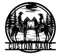 Custom Cowboy & Cowgirl Metal Name Sign,Cabin Metal Sign,Personalized Couple on Horses Wall Art, Ranch Decor, Western Cowboy House Number Address Plaque (Style-G)