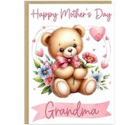 Custom Cute Bear Mother's Day Cards Personalised Mum Mummy Nanny Grandma Step Mum Bonus - Teddy Bear Holding Flowers Design A5 Mothers Day Greeting Card (Design 1)
