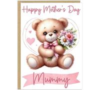 Custom Cute Bear Mother's Day Cards Personalised Mum Mummy Nanny Grandma Step Mum Bonus - Teddy Bear Holding Flowers Design A5 Mothers Day Greeting Card (Design 4)
