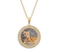Custom Cute Cat Picture Necklace Personalized Circle Chain Pendant Gold/Silver Photo Dog Tag Keepsake Necklaces Hip Hop Memorial Jewelry Gifts for Men Women, One Size, Titanium Steel, Rhinestone
