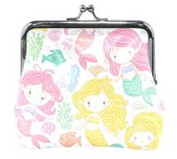 Custom Cute Colorful Cartoon Mermaids Leather Coin Purse for Women Girls Buckle Kiss Lock Girls Small Change Purse, Cute Colorful Cartoon Mermaids, Classic