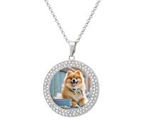 Custom Cute Dog Picture Necklace Personalized Circle Chain Pendant Gold/Silver Photo Dog Tag Keepsake Necklaces Hip Hop Memorial Jewelry Gifts for Men Women, One Size, Titanium Steel, Rhinestone
