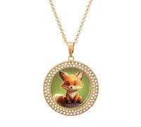 Custom Cute Little Fox Picture Necklace Personalized Circle Chain Pendant Gold/Silver Photo Dog Tag Keepsake Necklaces Hip Hop Memorial Jewelry Gifts for Men Women, One size, Titanium Steel