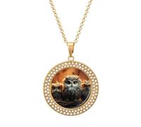 Custom Cute Owl Picture Necklace Personalized Circle Chain Pendant Gold/Silver Photo Dog Tag Keepsake Necklaces Hip Hop Memorial Jewelry Gifts for Men Women, One Size, Titanium Steel, Rhinestone