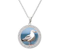 Custom Cute Seagull Picture Necklace Personalized Circle Chain Pendant Gold/Silver Photo Dog Tag Keepsake Necklaces Hip Hop Memorial Jewelry Gifts for Men Women, One Size, Titanium Steel, Rhinestone
