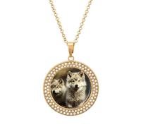 Custom Cute Wolf Picture Necklace Personalized Circle Chain Pendant Gold/Silver Photo Dog Tag Keepsake Necklaces Hip Hop Memorial Jewelry Gifts for Men Women, One size, Titanium Steel, Rhinestone