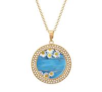 Custom Daisy Flowers Blue Wooden Picture Necklace Personalized Circle Chain Pendant Gold/Silver Photo Dog Tag Keepsake Necklaces Hip Hop Memorial Jewelry Gifts for Men Women, One Size, Titanium Steel