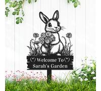 Custom Daisy Flowers Rabbit Garden Sign Bunny Garden Stake Plaque, Personalized Easter Bunny Rabbit Farm Animal Sign with Stake, Customized Metal Cute Rabbit Outdoor Yard Art Lawn Sign