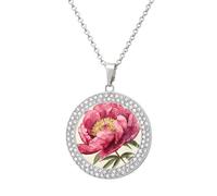 Custom Dark Peach Peony Flower Picture Necklace Personalized Circle Chain Pendant Gold/Silver Photo Dog Tag Keepsake Necklaces Hip Hop Memorial Jewelry Gifts for Men Women, One size, Titanium Steel