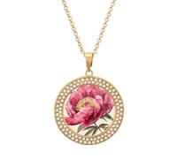 Custom Dark Peach Peony Flower Picture Necklace Personalized Circle Chain Pendant Gold/Silver Photo Dog Tag Keepsake Necklaces Hip Hop Memorial Jewelry Gifts for Men Women, One size, Titanium Steel