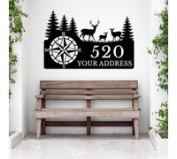 Custom Deer & Pine Address Plaque - Personalized Metal Door Numbers, Rustic Lake House Sign, Natural Tree Pattern, Cabin Entry Decor, Lakeside Residential Marker (Style-1)