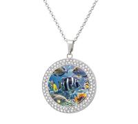 Custom Different Fish Picture Necklace Personalized Circle Chain Pendant Gold/Silver Photo Dog Tag Keepsake Necklaces Hip Hop Memorial Jewelry Gifts for Men Women, One size, Titanium Steel, Rhinestone