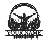 Custom DJ Decorative Metal Signage,Custom DJ Record Turntablist Music Metal Wall Art, Personalized Music Headphone Decor,Personalized Disc Jockey Headphones Sign, DeeJay Black Wall Art (Style-5)