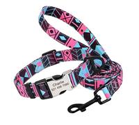Custom Dog Collar Leash Personalized Printed Nylon Dog Collar 150cm Leash Engraved Name(160 rose set,M)