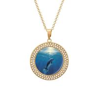 Custom Dolphin in The Ocean Picture Necklace Personalized Circle Chain Pendant Gold/Silver Photo Dog Tag Keepsake Necklaces Hip Hop Memorial Jewelry Gifts for Men Women, One Size, Titanium Steel