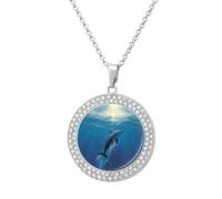 Custom Dolphin in The Ocean Picture Necklace Personalized Circle Chain Pendant Gold/Silver Photo Dog Tag Keepsake Necklaces Hip Hop Memorial Jewelry Gifts for Men Women, One Size, Titanium Steel