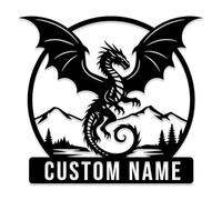 Custom Dragon Metal Sign, Personalized Fantasy Wall Art,Dragon House Number Address Plaque,Mythologic Home Decor,Personalized Lakehouse Cabin Sign (Style-E)