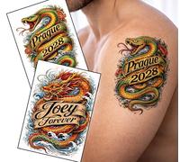 Custom Dragon or Snake Tattoo Design - Personalised Name & Date Temporary Tattoos - Large Shoulder Size + Multi Size Set - Realistic No Shine Finish (4 Sheets)
