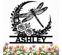 Custom Dragonfly Flower Metal Sign, Personalized Dragonfly Garden Wall Art, Outdoor Name Sign for Garden, Fence or Patio, Gift for Mom, Grandma or Gardener (Style A)