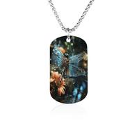 Custom Dragonfly Flying on The Pond Dog Tag Necklace 23.6" Chain Personalized Photo Pendant for Men Women Stainless Steel Memorial Picture Couple Necklace Jewelry Keepsake Bereavement Sympathy Gifts