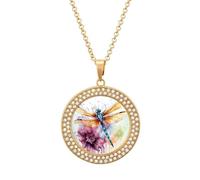 Custom Dragonfly Watercolor Painting Picture Necklace Personalized Circle Chain Pendant Gold/Silver Photo Dog Tag Keepsake Necklaces Hip Hop Memorial Jewelry Gifts for Men Women, One Size, Titanium