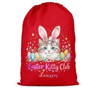 Custom Easter Egg Treat Bag Kitty Club Cat Gift Bag Kids Girls Fun Custom Name, L, Red