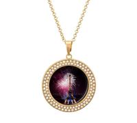 Custom Eiffel Tower Fireworks Picture Necklace Personalized Circle Chain Pendant Gold/Silver Photo Dog Tag Keepsake Necklaces Hip Hop Memorial Jewelry Gifts for Men Women, One Size, Titanium Steel