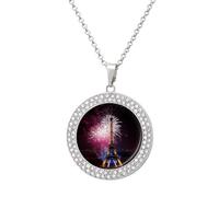 Custom Eiffel Tower Fireworks Picture Necklace Personalized Circle Chain Pendant Gold/Silver Photo Dog Tag Keepsake Necklaces Hip Hop Memorial Jewelry Gifts for Men Women, One Size, Titanium Steel