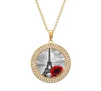 Custom Eiffel Tower Red Rose Picture Necklace Personalized Circle Chain Pendant Gold/Silver Photo Dog Tag Keepsake Necklaces Hip Hop Memorial Jewelry Gifts for Men Women, One Size, Titanium Steel