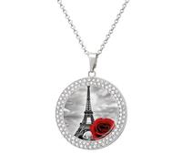 Custom Eiffel Tower Red Rose Picture Necklace Personalized Circle Chain Pendant Gold/Silver Photo Dog Tag Keepsake Necklaces Hip Hop Memorial Jewelry Gifts for Men Women, One Size, Titanium Steel