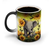 Custom Elephant Sunflowers Magic Color Changing Mug 11 Oz Heat Sensitive Ceramic Coffee Cup Black Mug Reveals Fun Secret Design with Heat Christmas Birthday Gift Idea for Coffee Lovers