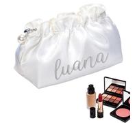 Custom Embroidered Cosmetic Bag, Large Makeup Bag with Compartments, Gift for Her with Name, Travel Toiletry Organiser for Women & Teen Girls Daily, Travel, Parties (White)