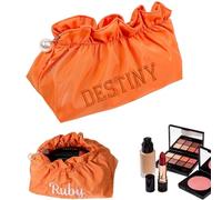 Custom Embroidered Cosmetic Bag, Large Makeup Bag with Compartments, Gift for Her with Name, Travel Toiletry Organiser for Women & Teen Girls Daily, Travel, Parties (Saffron)