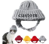 Custom Embroidered Pet Knit Hat - Personalized Winter Warm Knitted Dog & Cat Hat with Ear Holes, Cozy Soft Stretchy Beanie for Small Medium Pets, Holiday Photo Decoration Accessory (Gray, M)