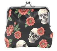 Custom Embroidered Skulls Red Floral Black Leather Coin Pouch for Women Cute Buckle Kiss Lock Change Purse for Girls